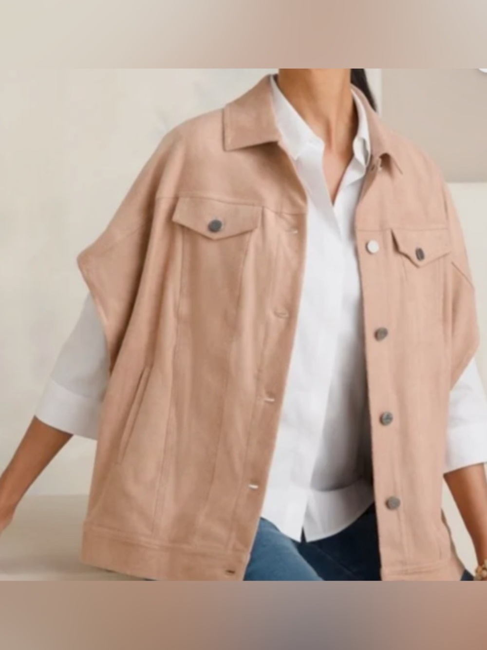 Chico’s Trucker Cape Jacket Shacket Ruana Vest Desert Tan SZ L/XL
